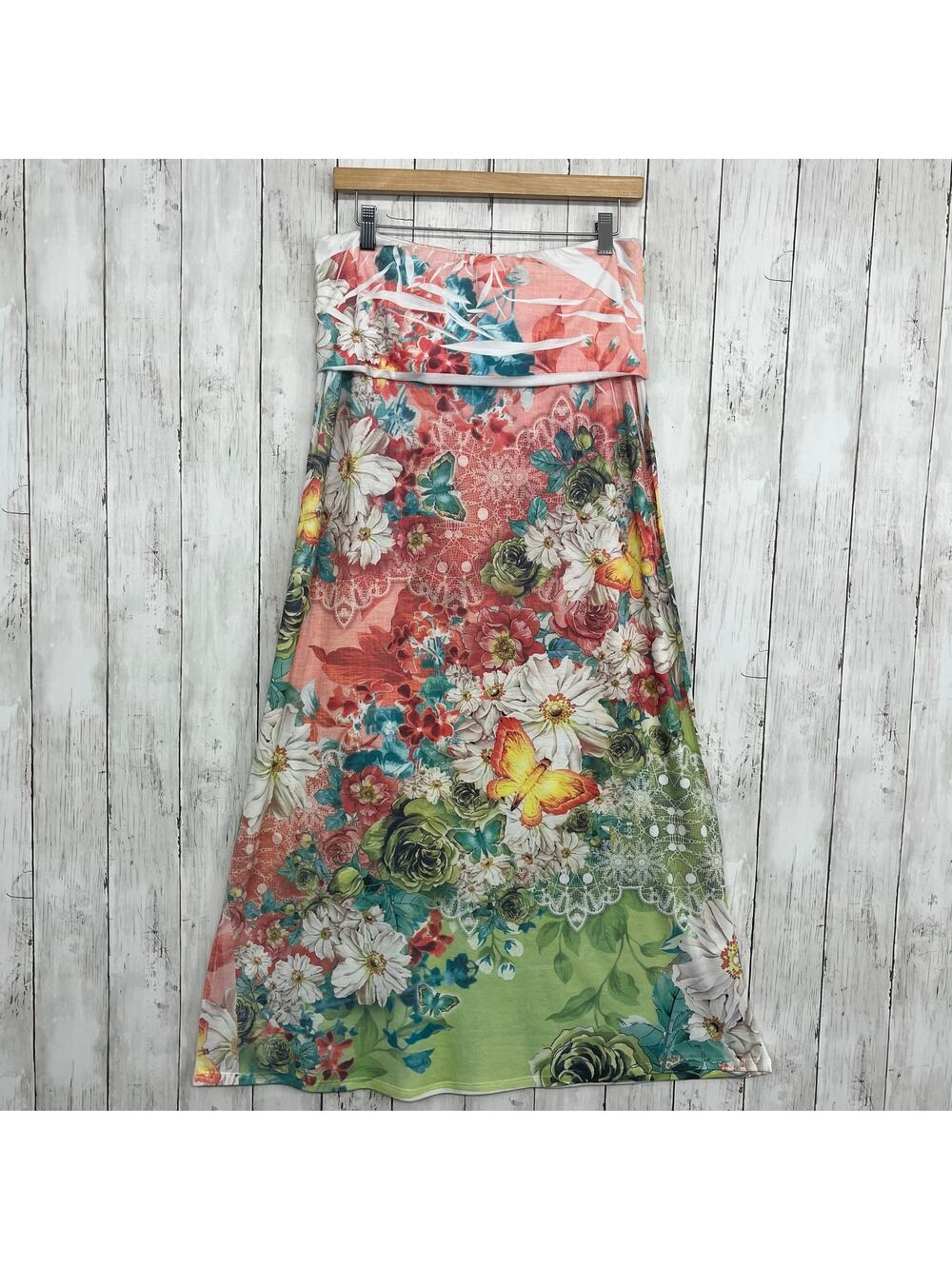 Poliana Plus Pink Mint Floral Butterfly Fold Over Flowy Plus 2XL Maxi Skirt